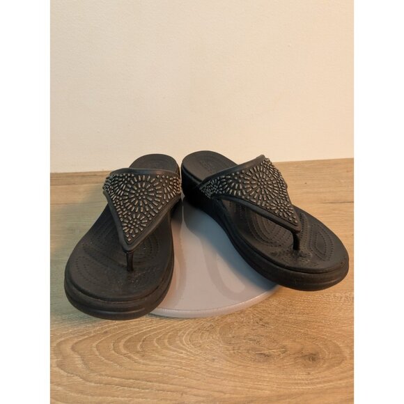 CROCS Shoes - CROCS Monterey Diamante Wedge Flip Flop Sandals Women’s Size 9 Black Casual
